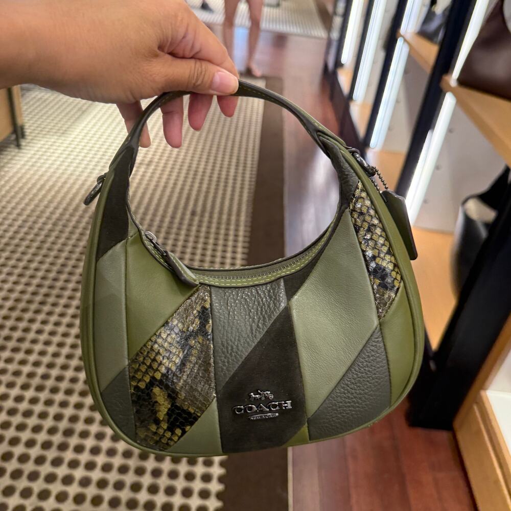 Coach Green Patchwork Leather Hobo Bag with Snake-Print Accents